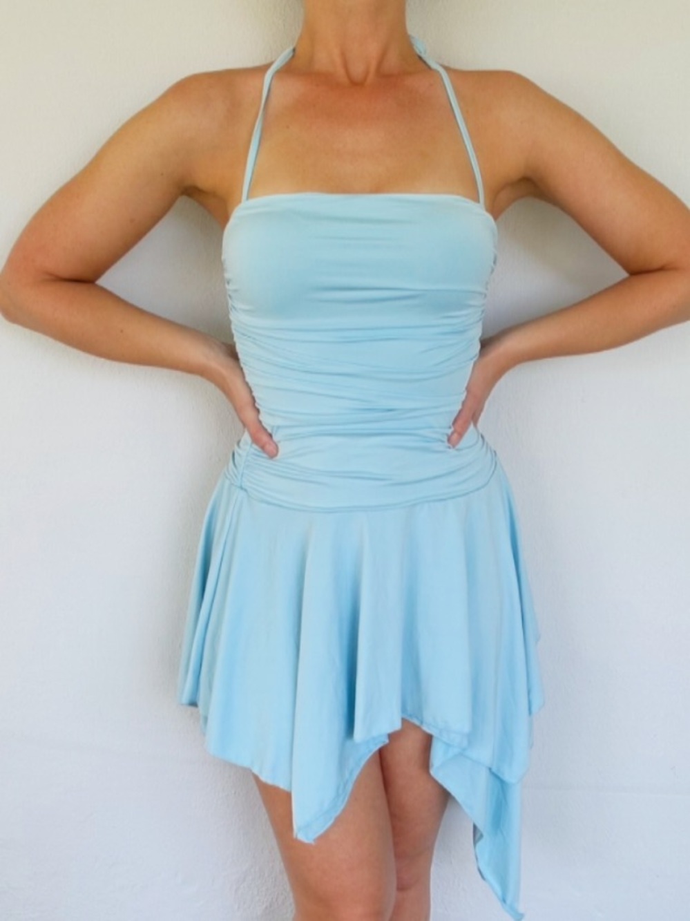 EYNMIN baby blue ruched asymmetrical handkerchief hem tie halter strap dress XS